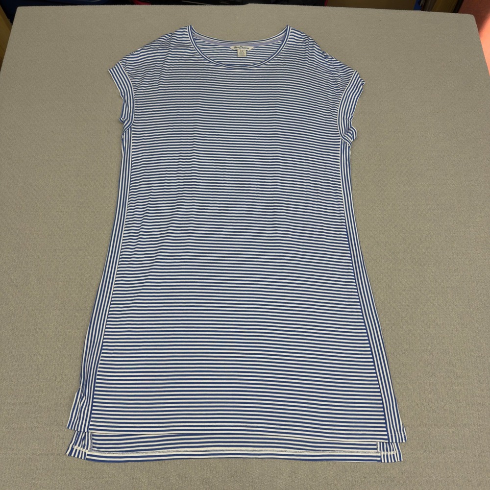 Tommy Bahama Blue White Striped Rayon Spandex Shift Dress Womens Large L/G Beach